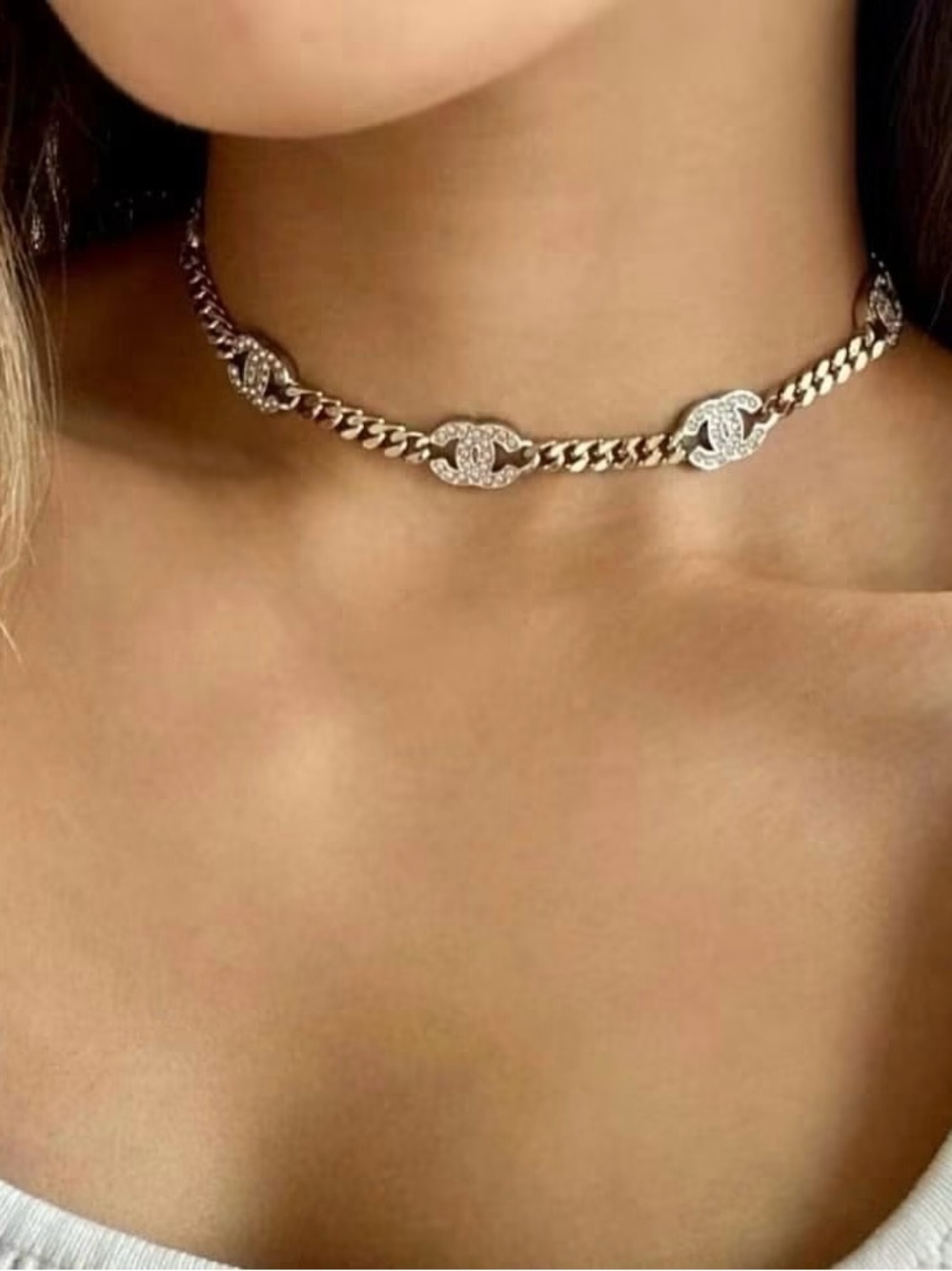 CHANEL Gold-Tone Chain Necklace with Pave Crystal CC Links